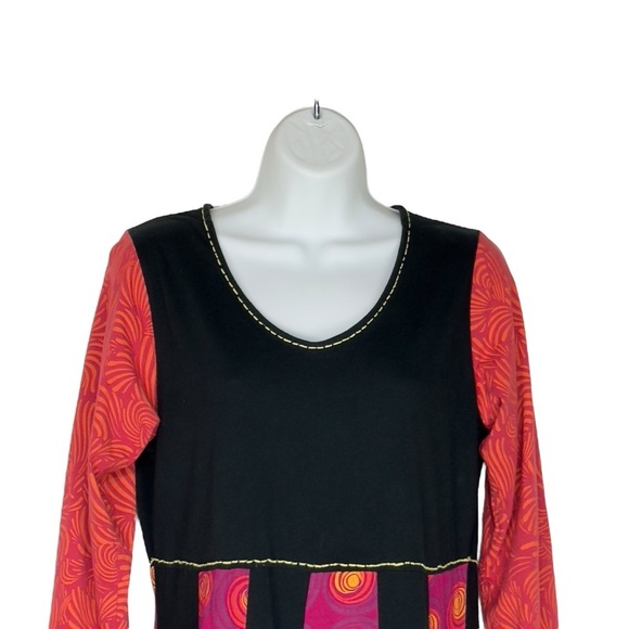 🇨🇦 Adria Mode Bohemian Black Multicolour Long Sleeve Aline Short Dress Large - Picture 4 of 10